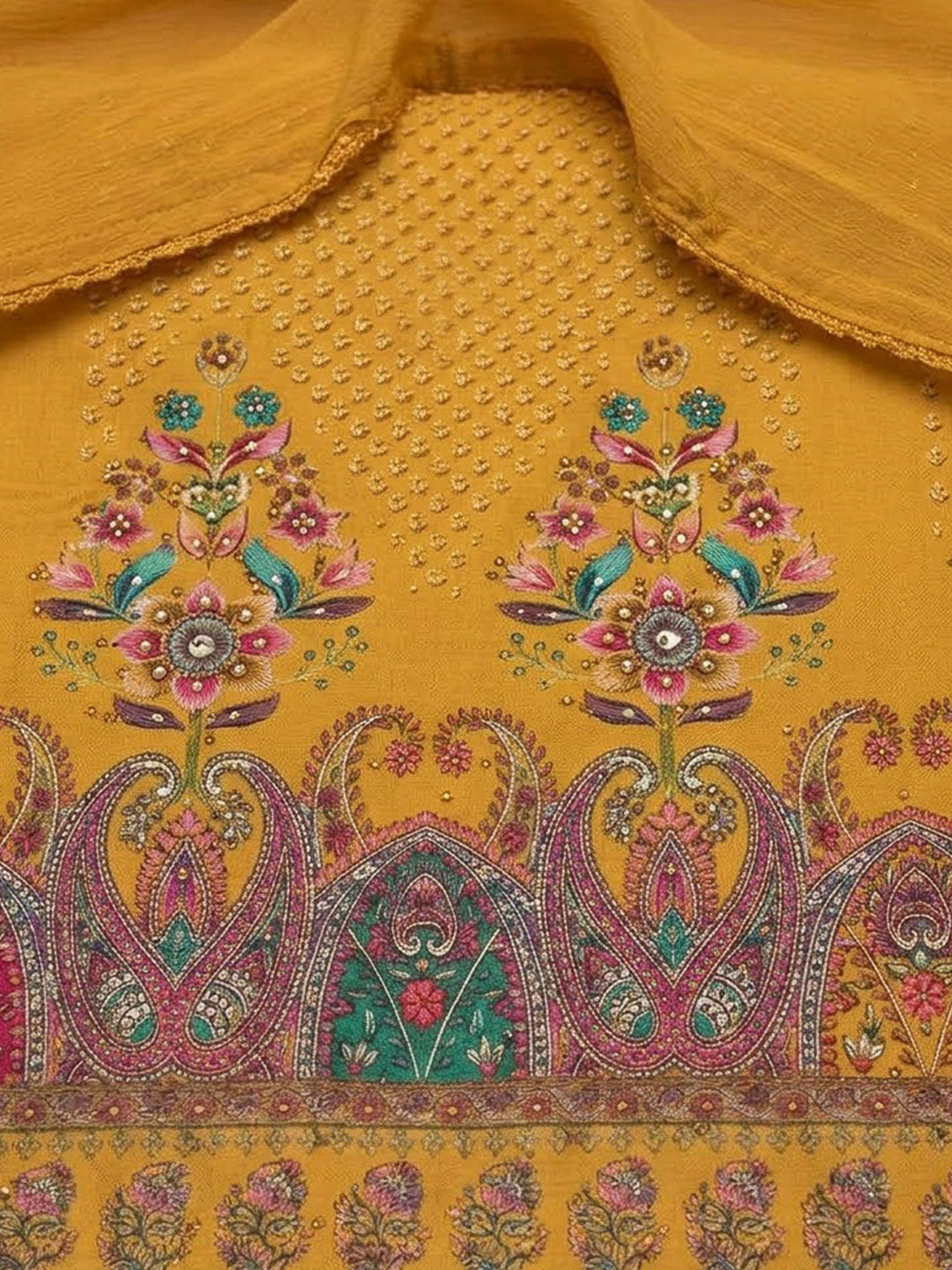 Mustard Cotton Blend Printed Unstitched Dress Material