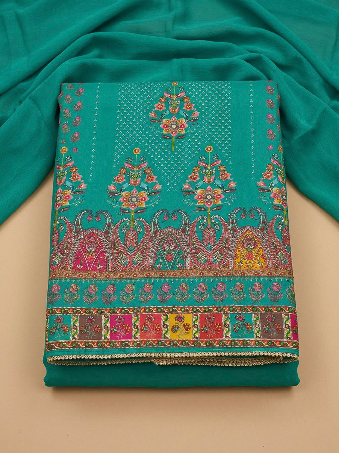 Rama Green Cotton Blend Printed Unstitched Dress Material