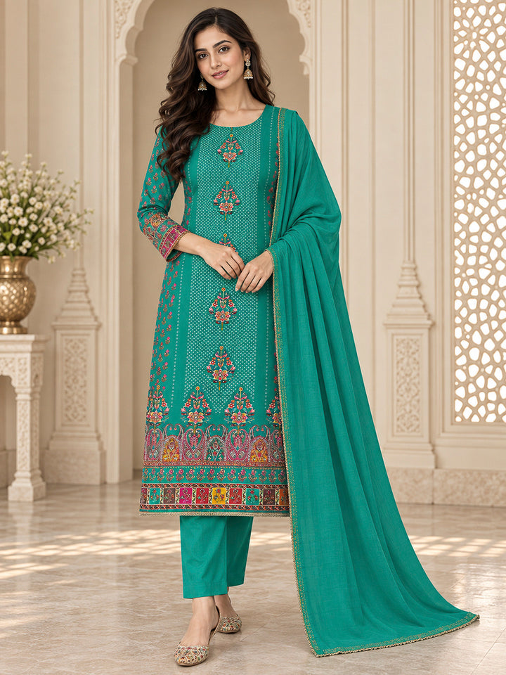 Rama Green Cotton Blend Printed Unstitched Dress Material