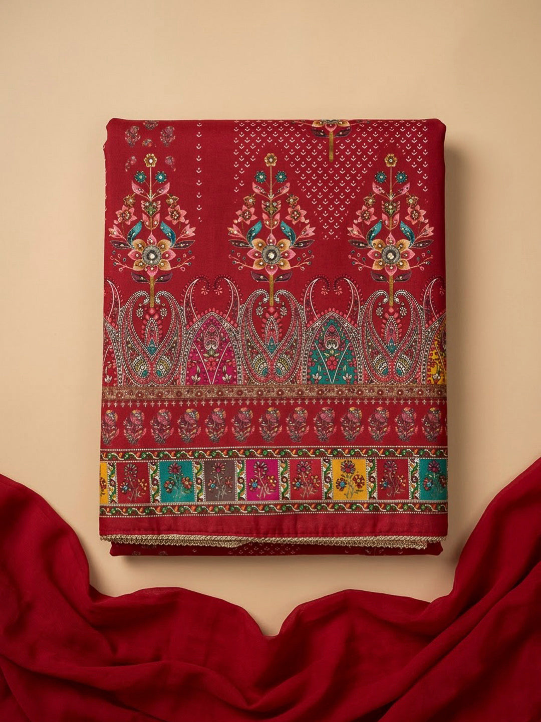 Red Cotton Blend Printed Unstitched Dress Material