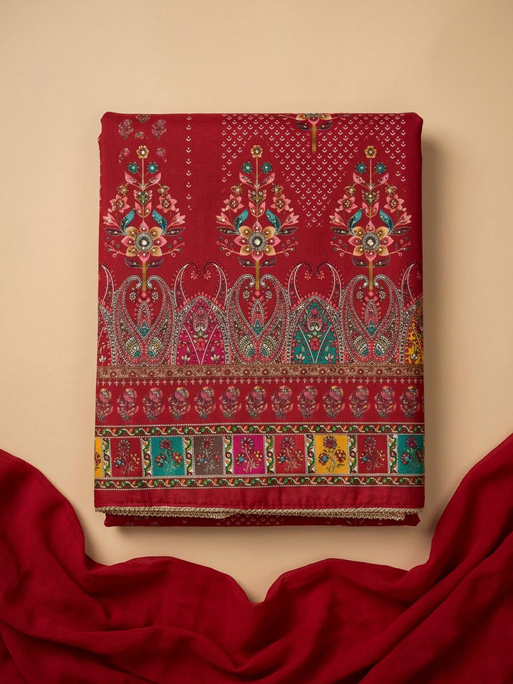 Red Cotton Blend Printed Unstitched Dress Material
