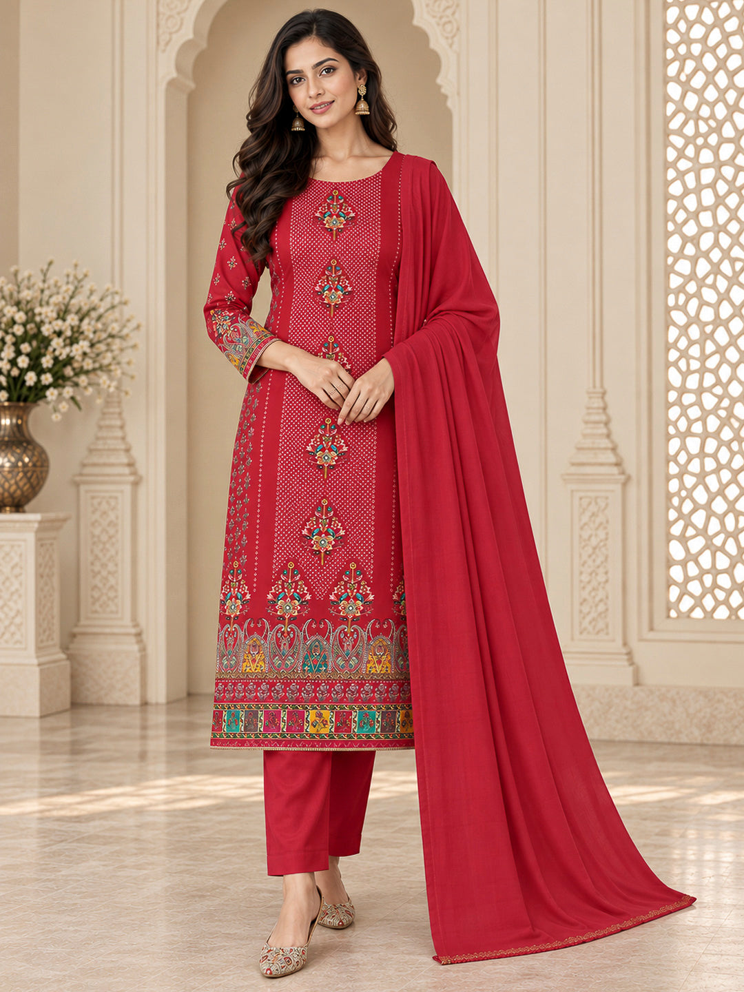 Red Cotton Blend Printed Unstitched Dress Material