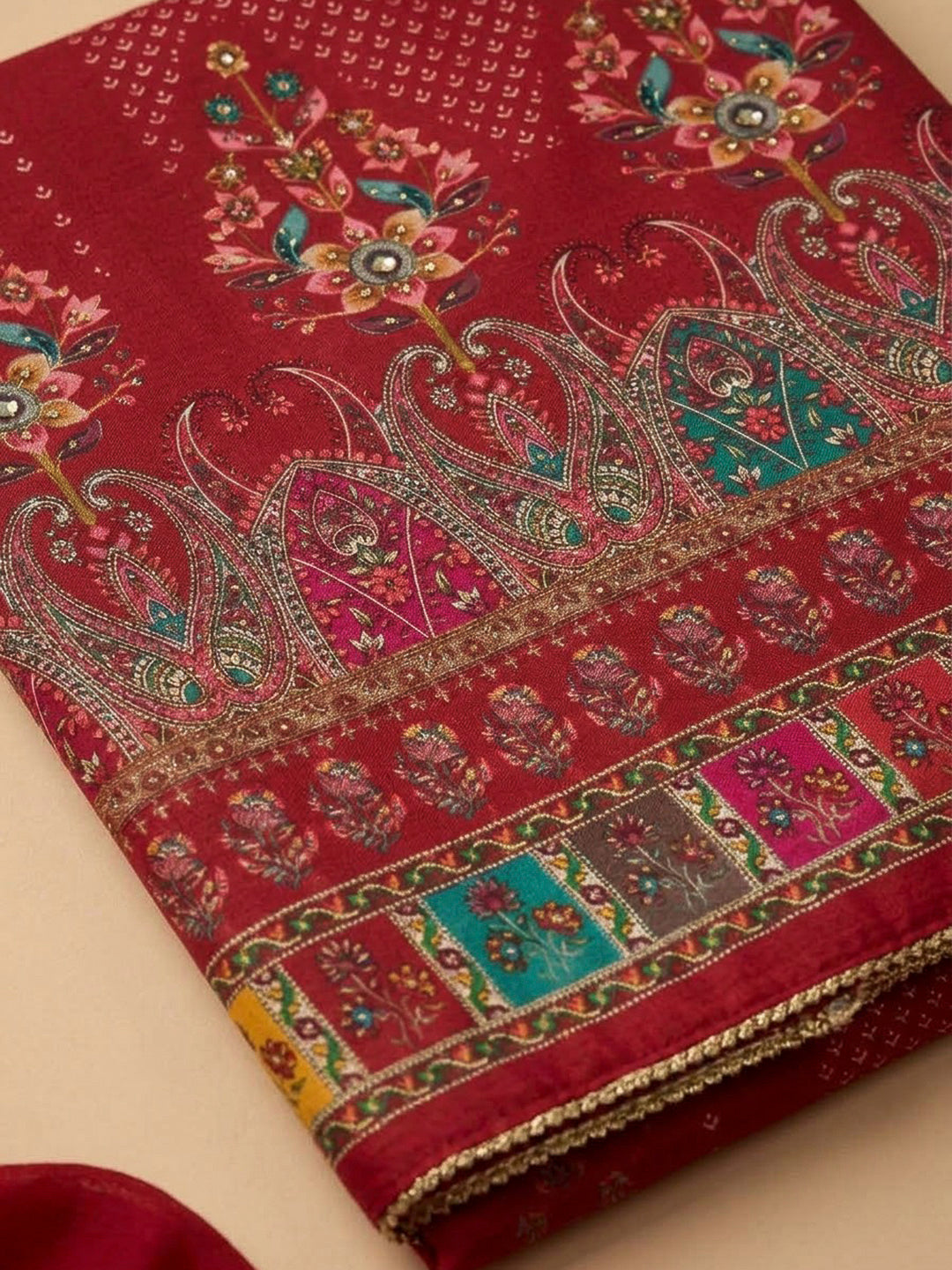 Red Cotton Blend Printed Unstitched Dress Material