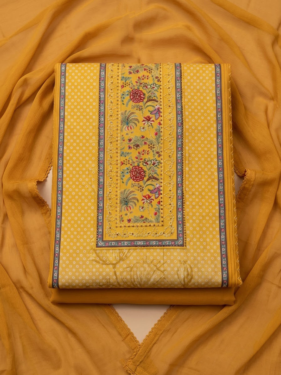 Mustard Cotton Blend Printed Unstitched Dress Material