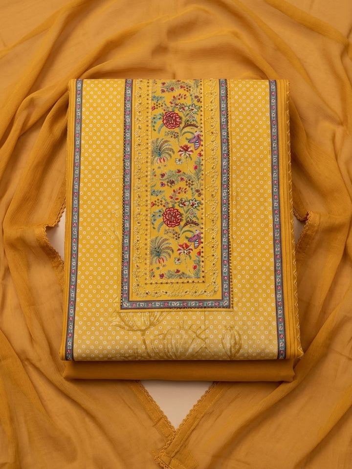 Mustard Cotton Blend Printed Unstitched Dress Material