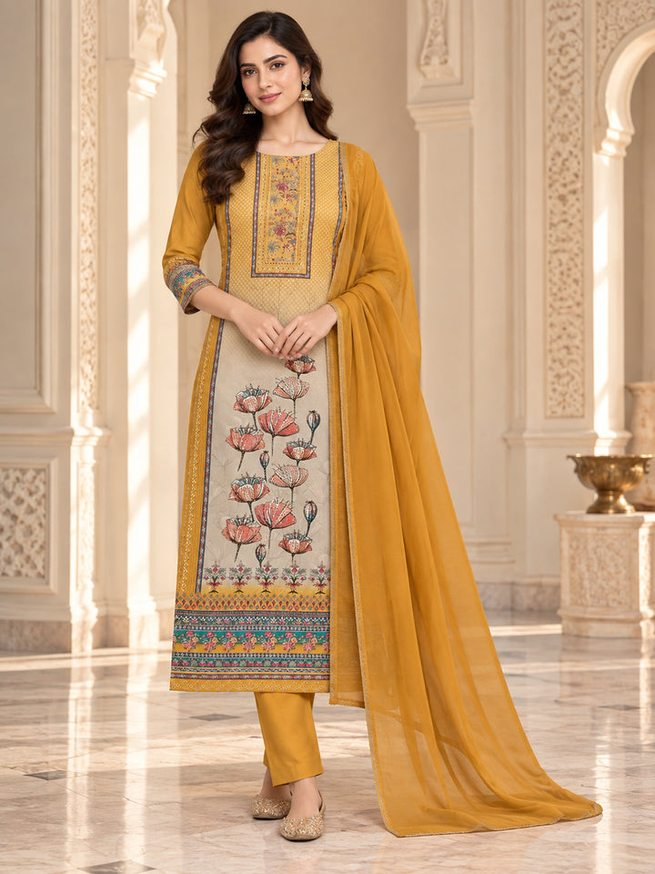 Mustard Cotton Blend Printed Unstitched Dress Material