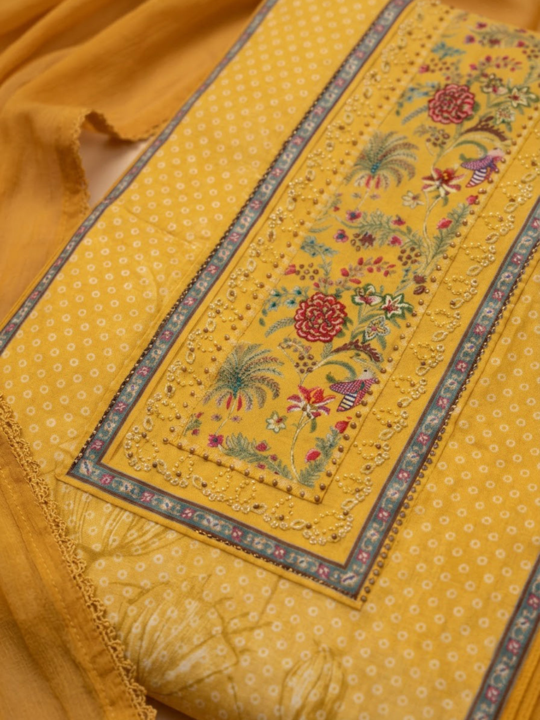 Mustard Cotton Blend Printed Unstitched Dress Material