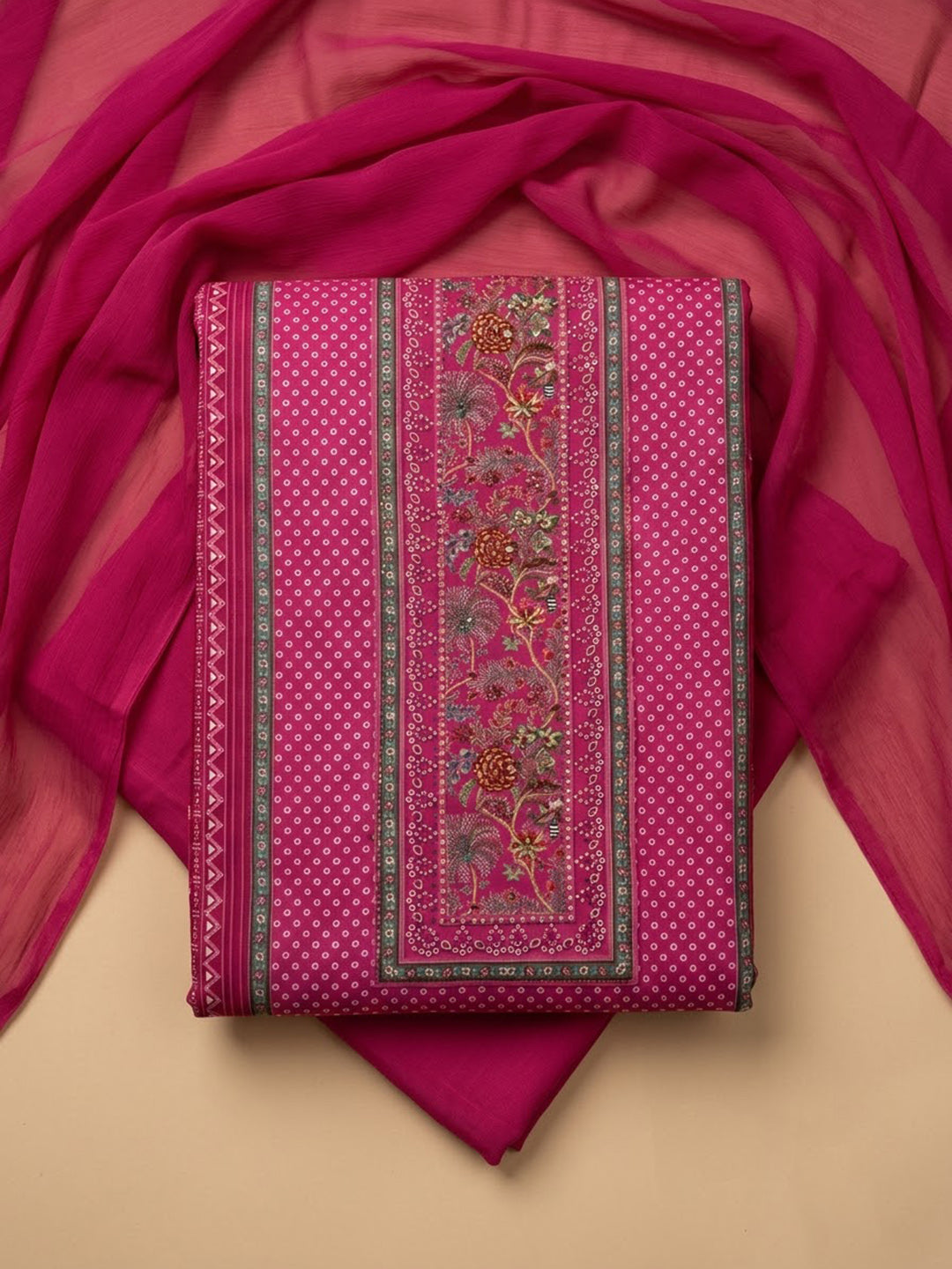Pink Cotton Blend Printed Unstitched Dress Material