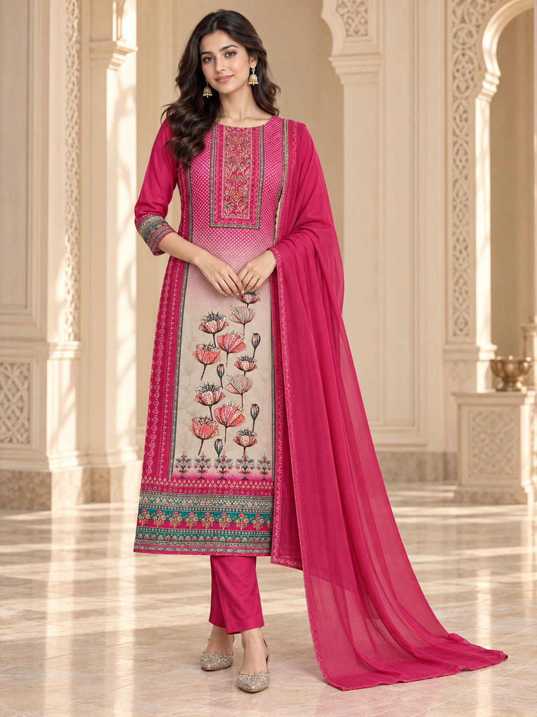 Pink Cotton Blend Printed Unstitched Dress Material