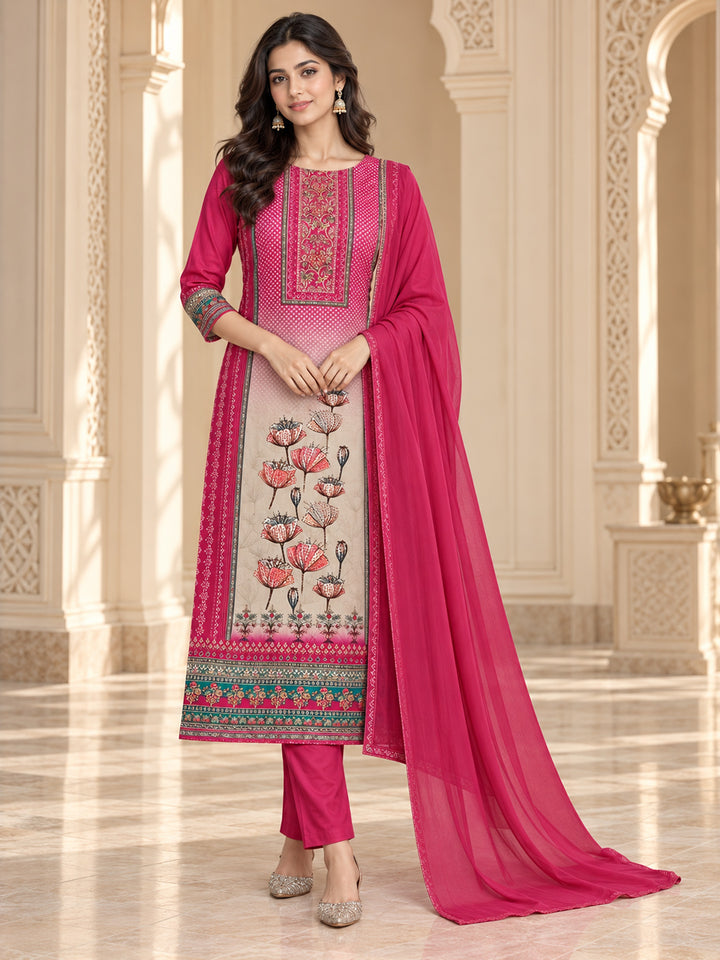 Pink Cotton Blend Printed Unstitched Dress Material