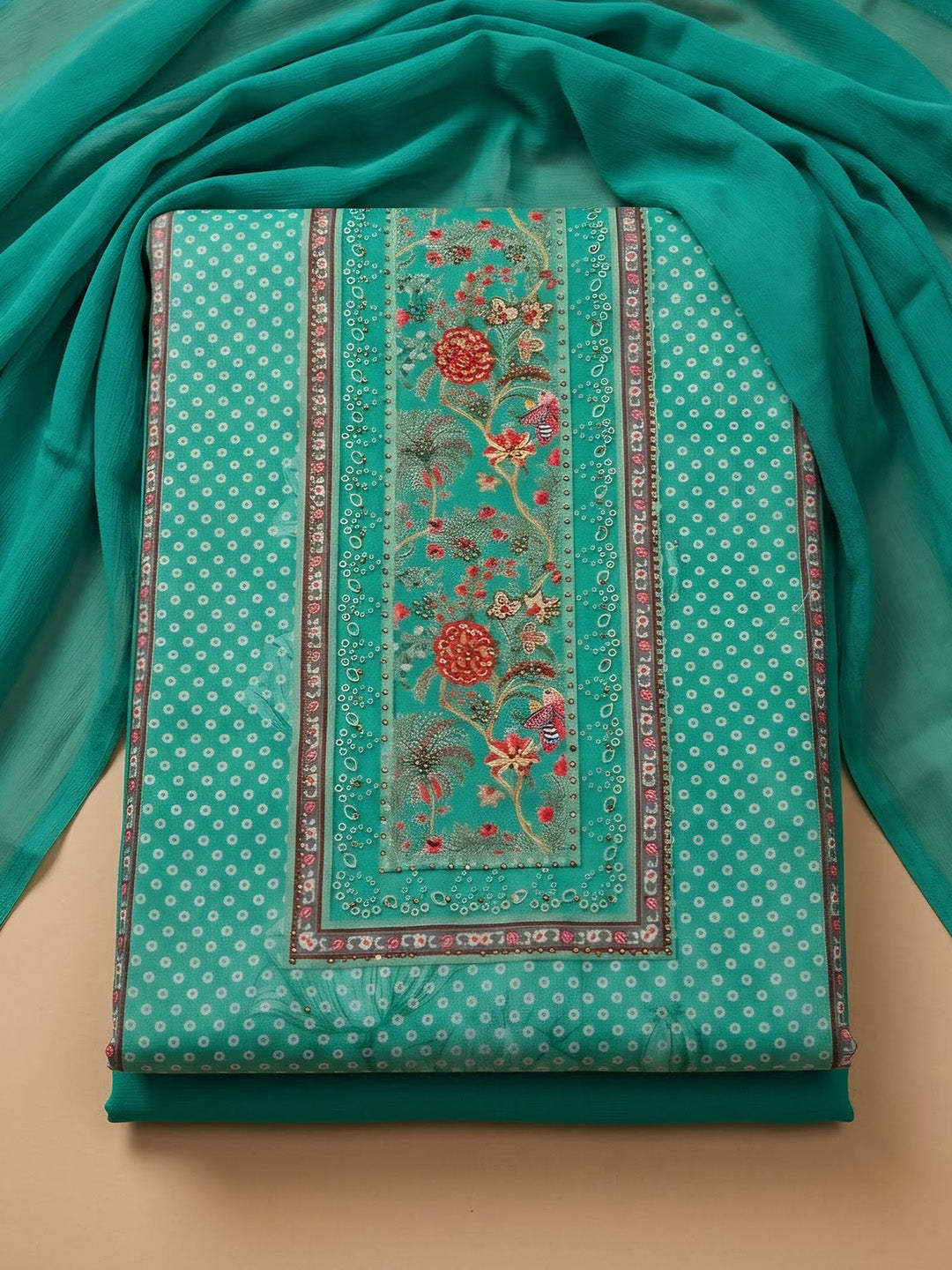Rama Green Cotton Blend Printed Unstitched Dress Material