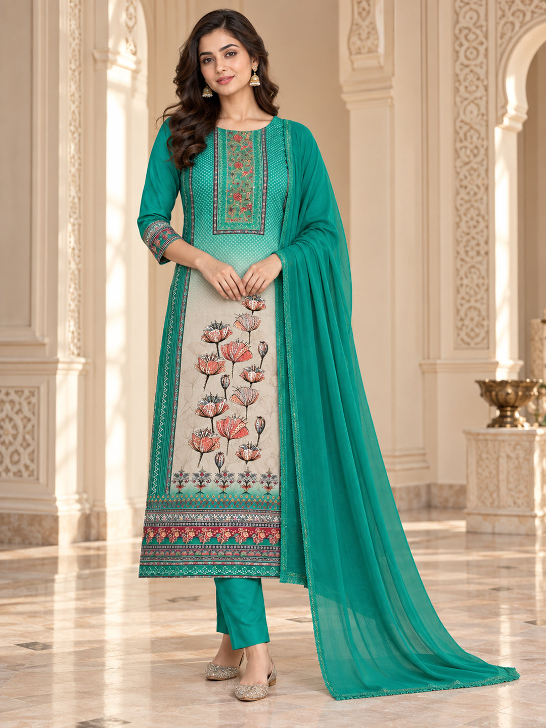 Rama Green Cotton Blend Printed Unstitched Dress Material