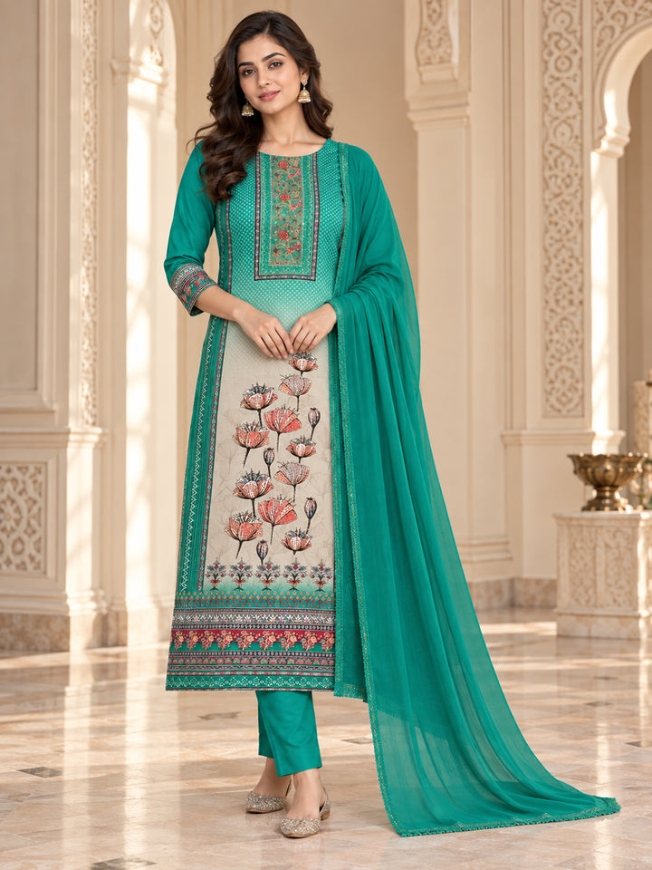 Rama Green Cotton Blend Printed Unstitched Dress Material