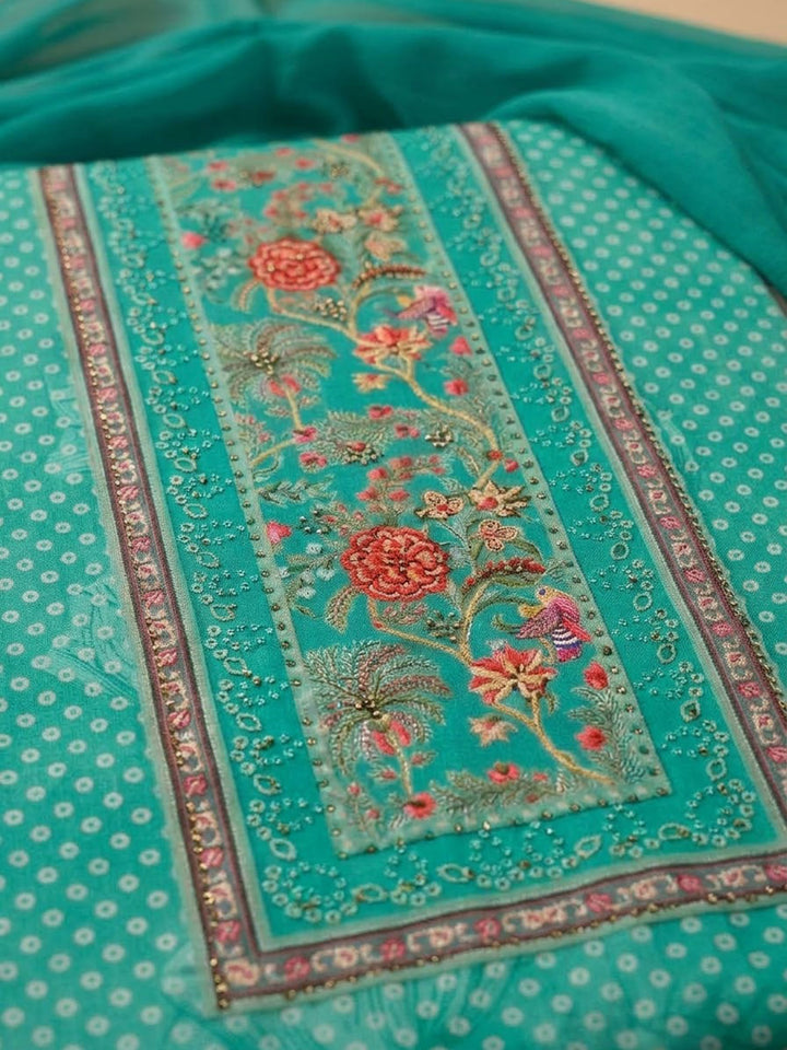 Rama Green Cotton Blend Printed Unstitched Dress Material