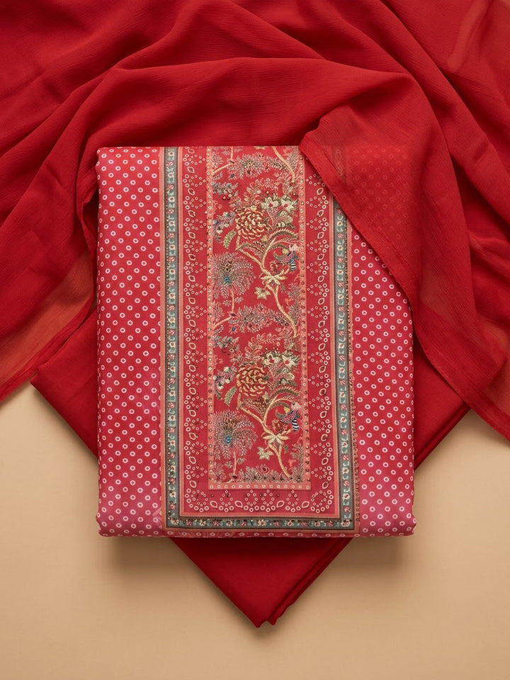 Red Cotton Blend Printed Unstitched Dress Material