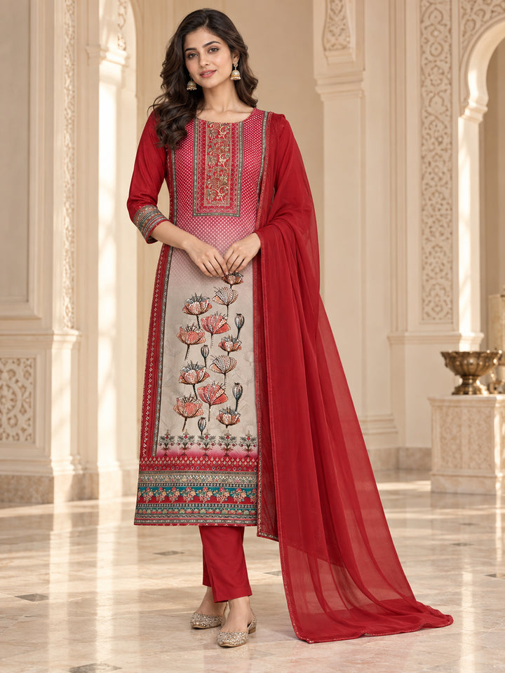Red Cotton Blend Printed Unstitched Dress Material