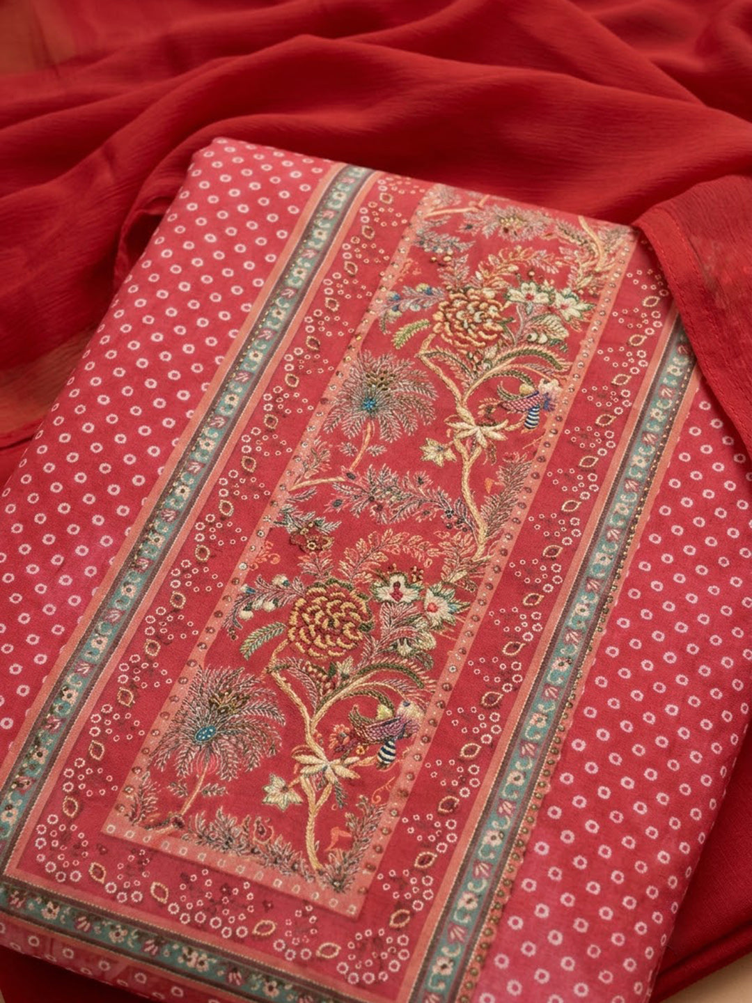 Red Cotton Blend Printed Unstitched Dress Material