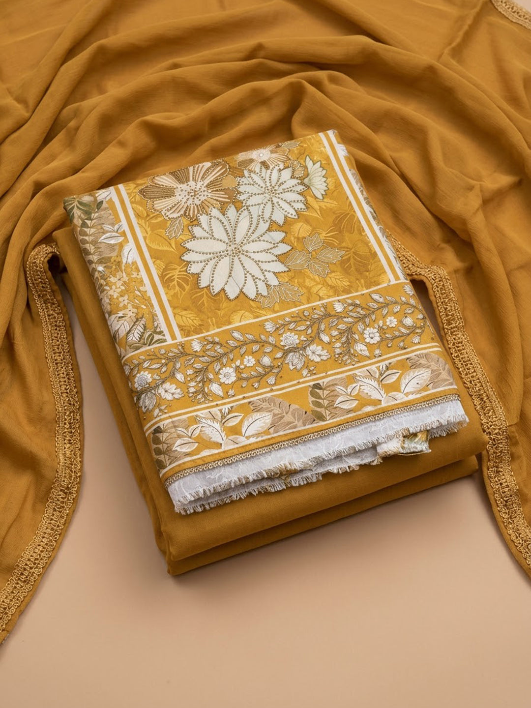Mustard Cotton Blend Printed Unstitched Dress Material