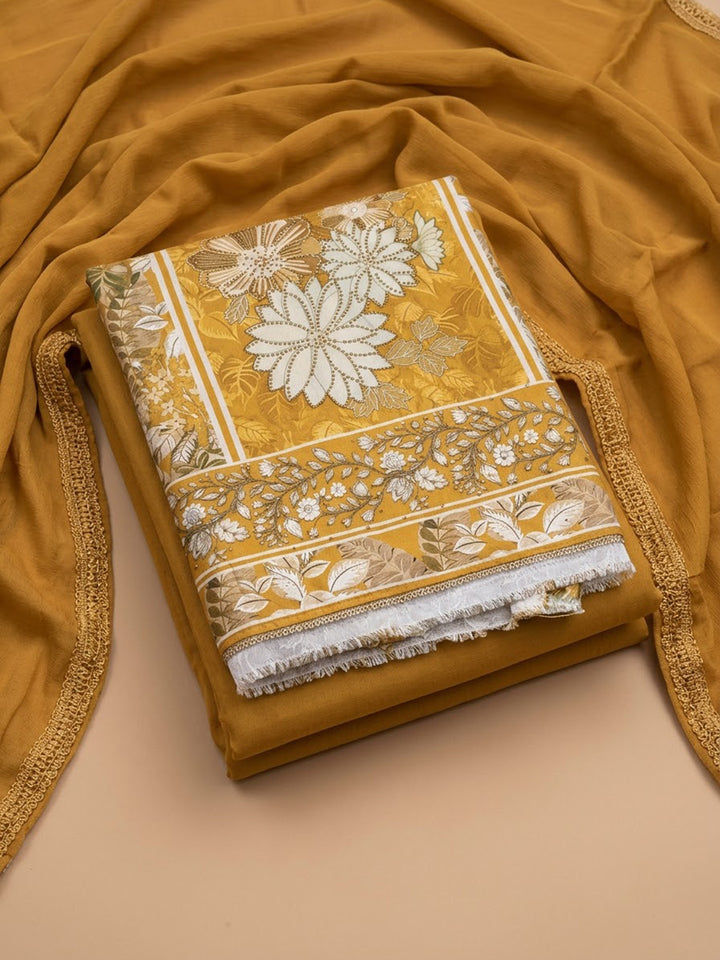 Mustard Cotton Blend Printed Unstitched Dress Material