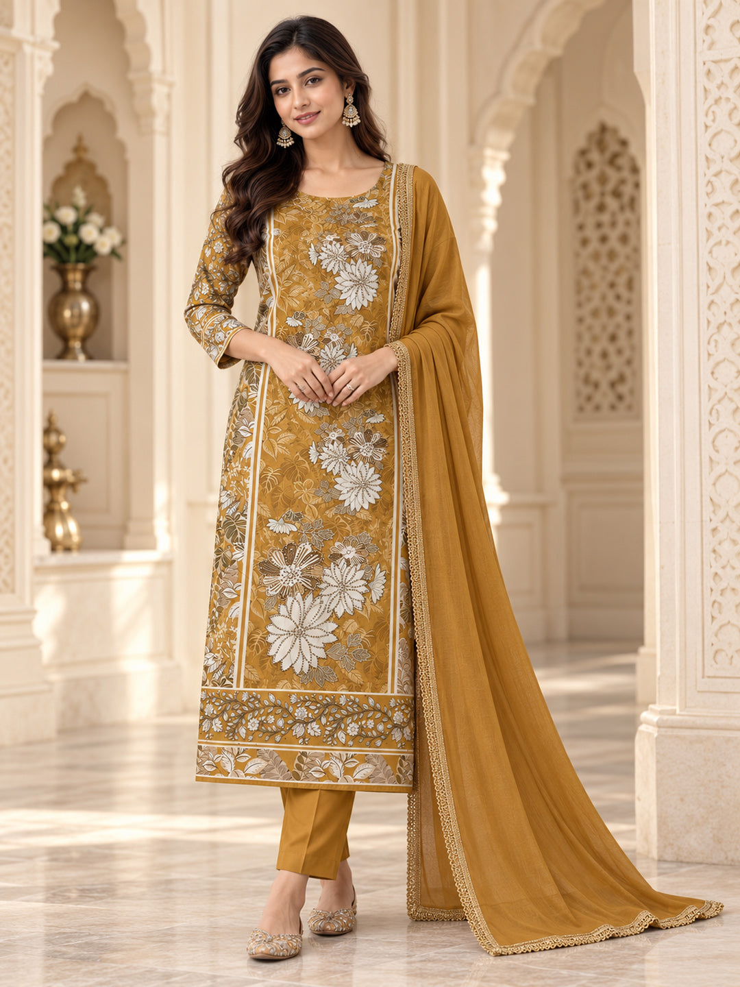 Mustard Cotton Blend Printed Unstitched Dress Material