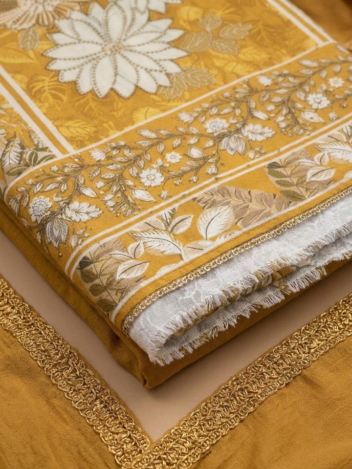 Mustard Cotton Blend Printed Unstitched Dress Material