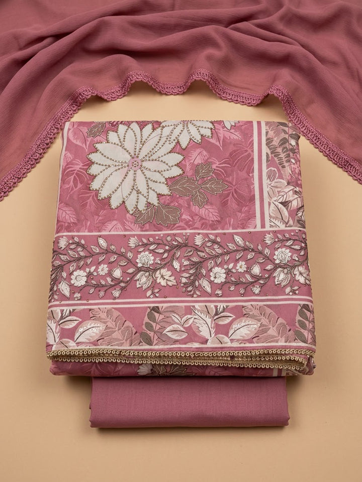 Onion Pink Cotton Blend Printed Unstitched Dress Material