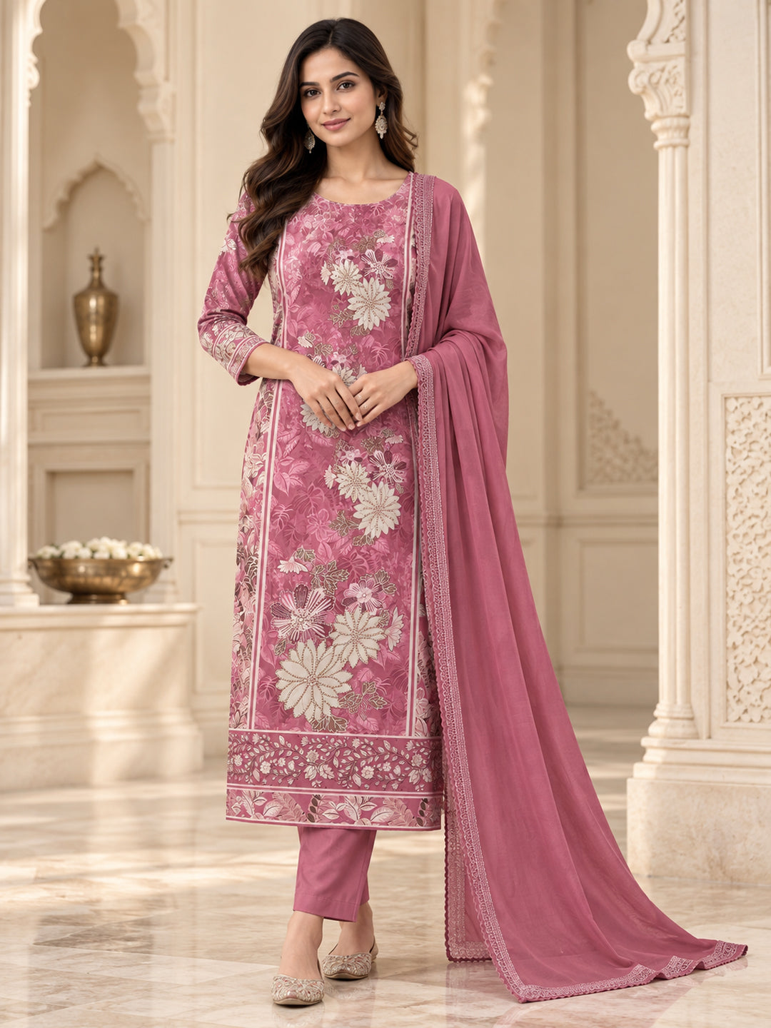 Onion Pink Cotton Blend Printed Unstitched Dress Material