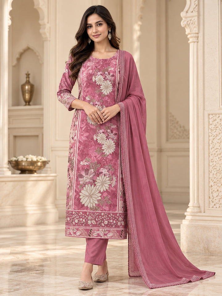 Onion Pink Cotton Blend Printed Unstitched Dress Material