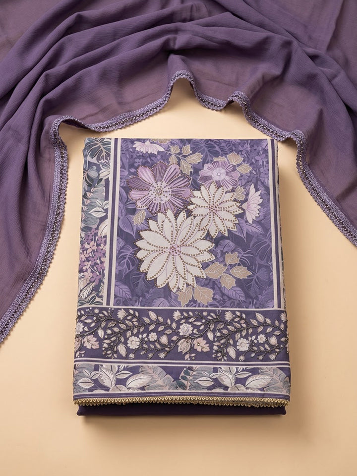 Purple Cotton Blend Printed Unstitched Dress Material