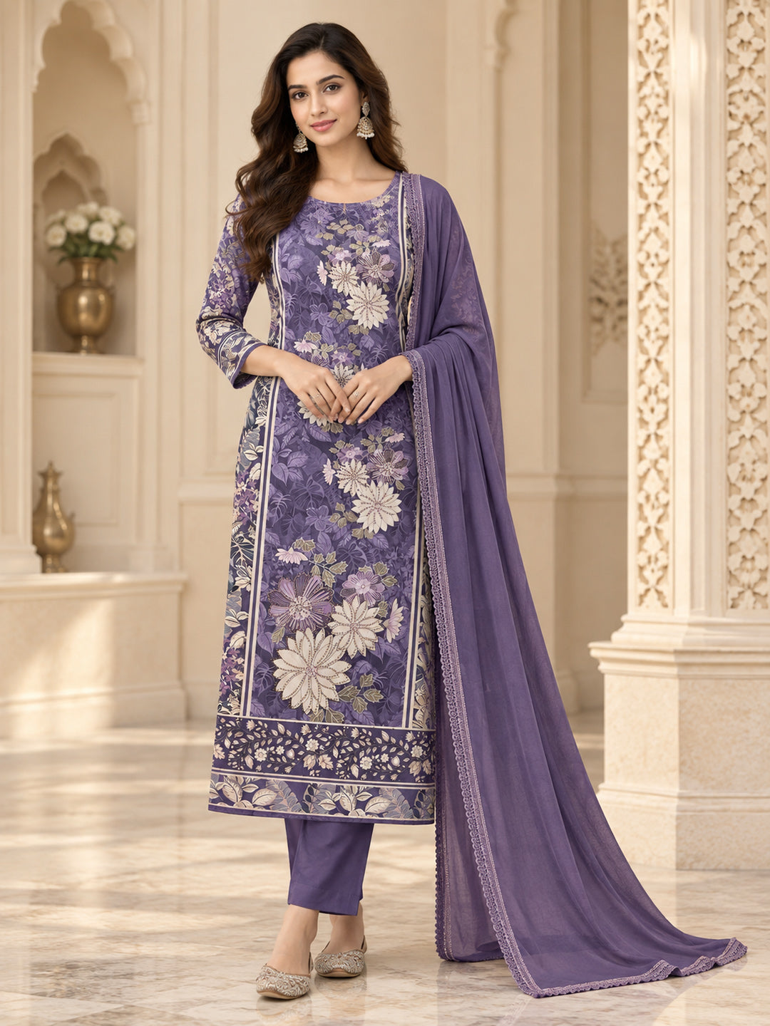 Purple Cotton Blend Printed Unstitched Dress Material