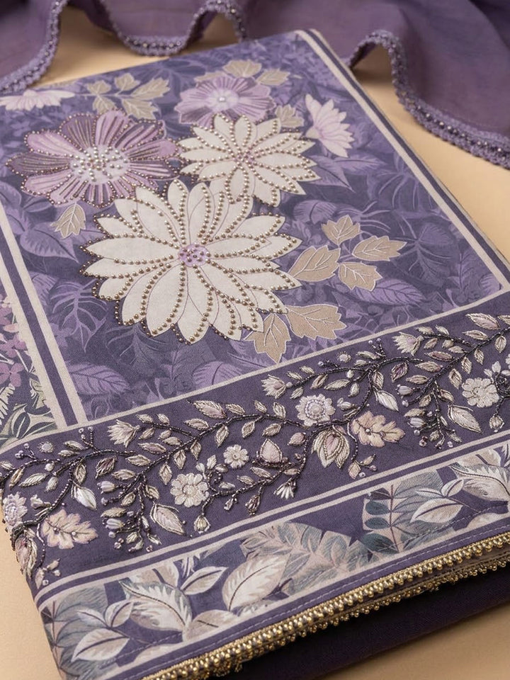 Purple Cotton Blend Printed Unstitched Dress Material