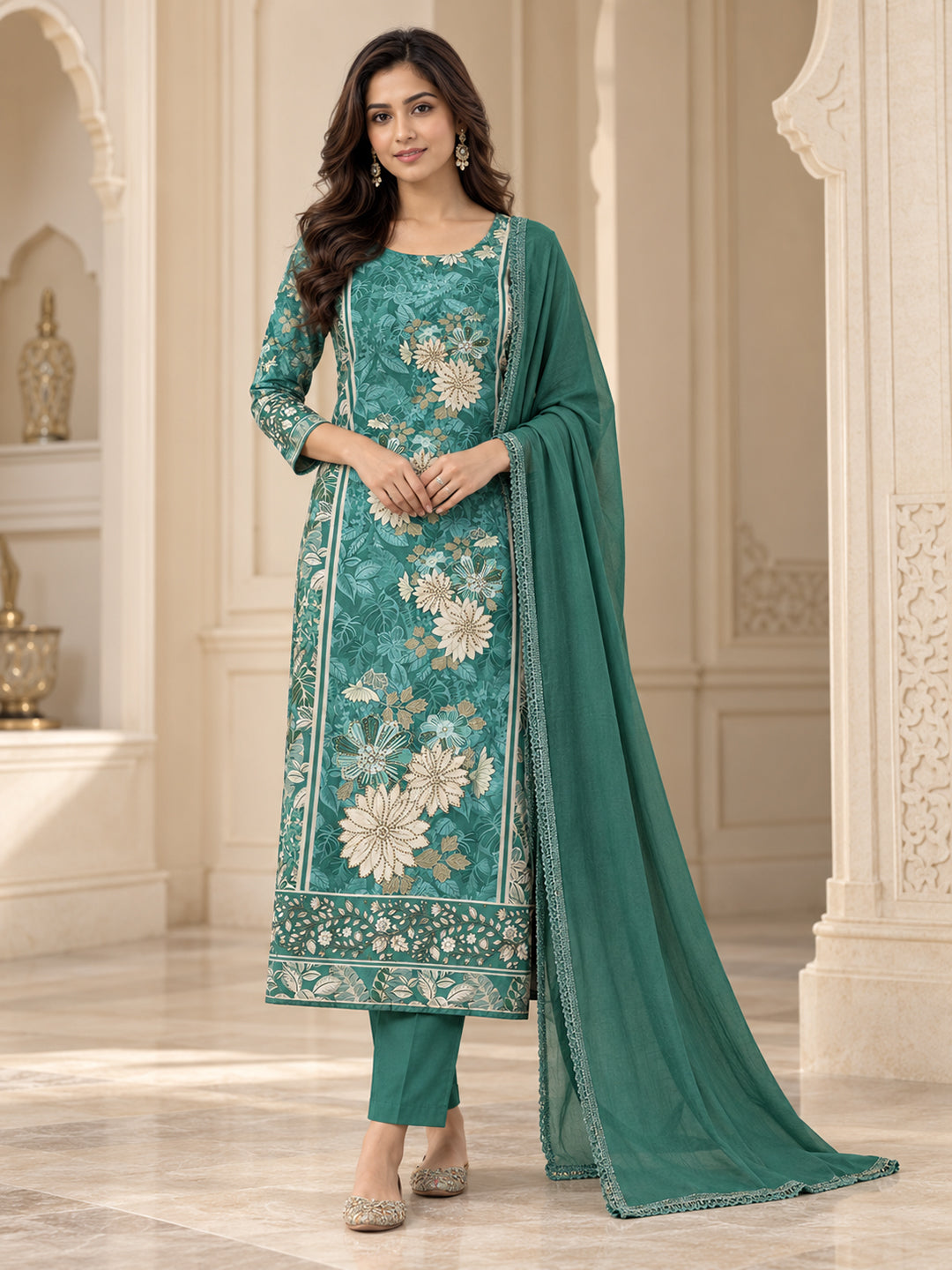 Rama Green Cotton Blend Printed Unstitched Dress Material