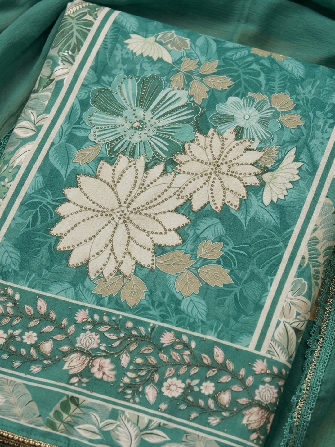 Rama Green Cotton Blend Printed Unstitched Dress Material