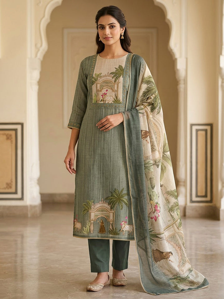 Aqua Linen Blend Embroidered Unstitched Dress Material