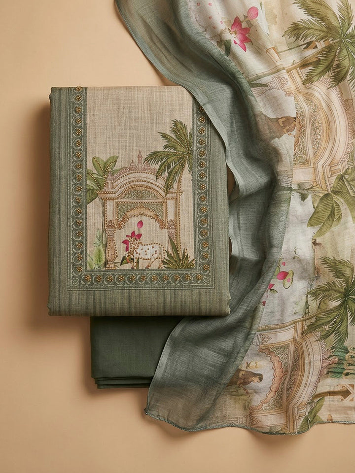 Aqua Linen Blend Embroidered Unstitched Dress Material