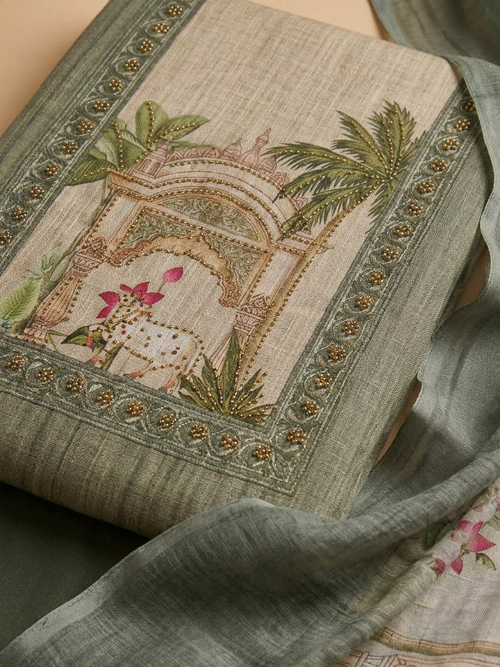 Aqua Linen Blend Embroidered Unstitched Dress Material