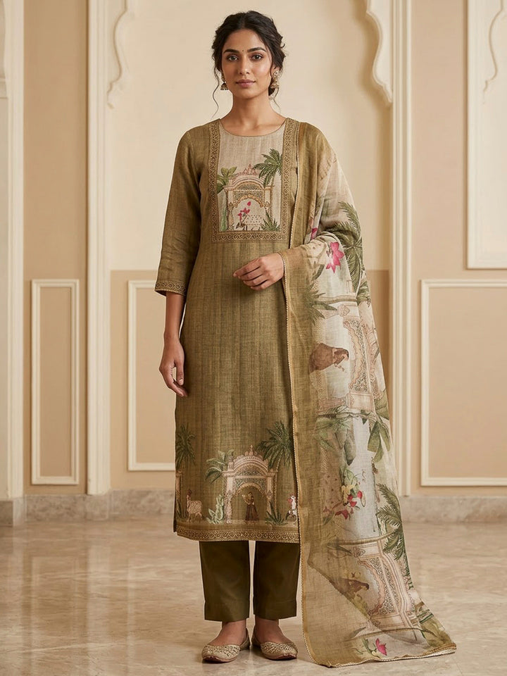 Mehndi Linen Blend Embroidered Unstitched Dress Material