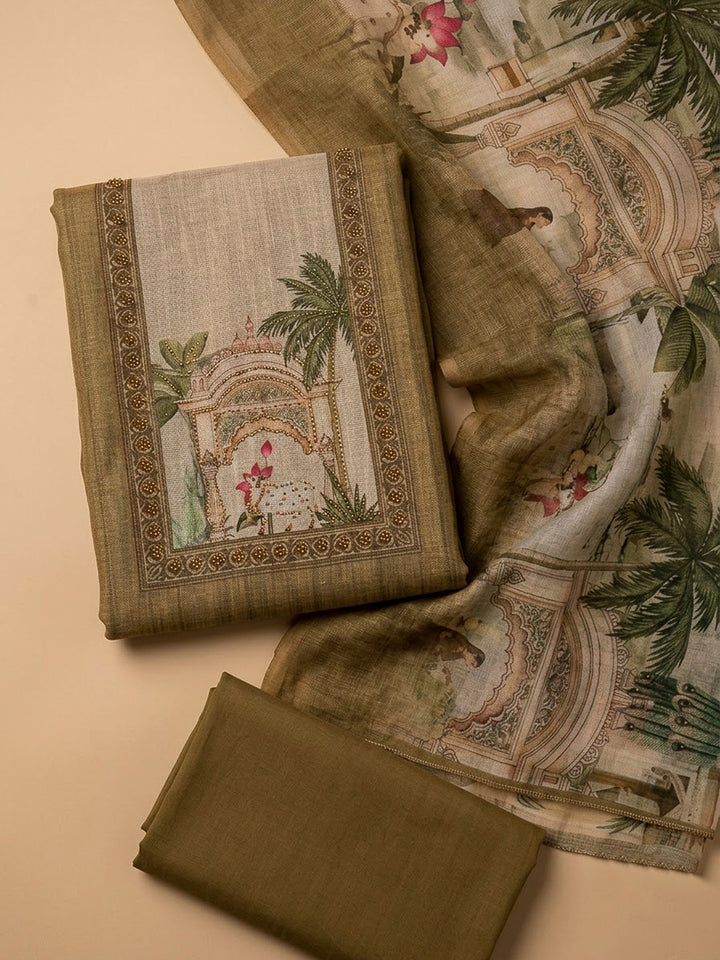 Mehndi Linen Blend Embroidered Unstitched Dress Material