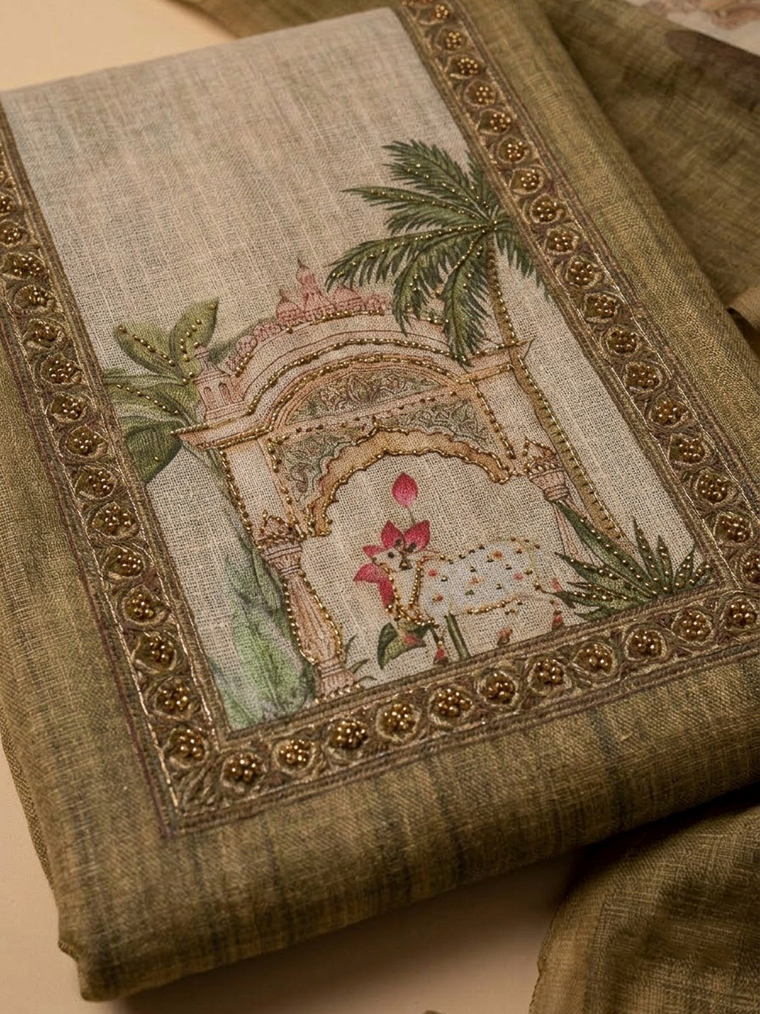 Mehndi Linen Blend Embroidered Unstitched Dress Material