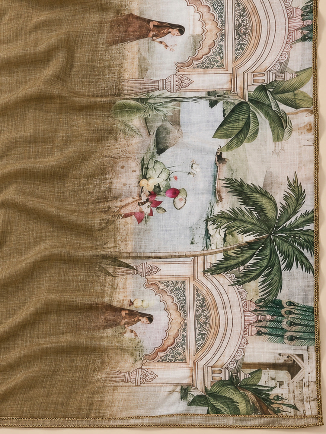 Mehndi Linen Blend Embroidered Unstitched Dress Material