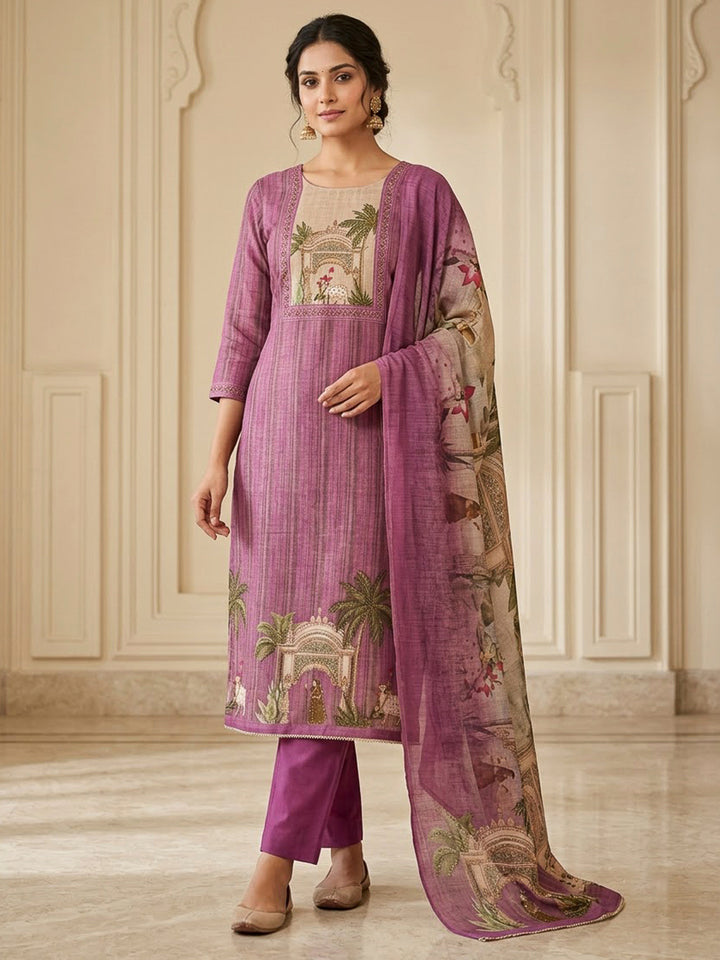 Purple Linen Blend Embroidered Unstitched Dress Material
