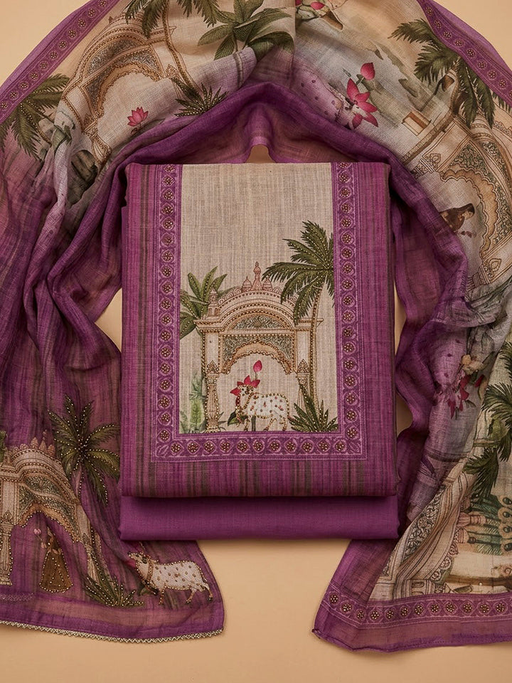 Purple Linen Blend Embroidered Unstitched Dress Material