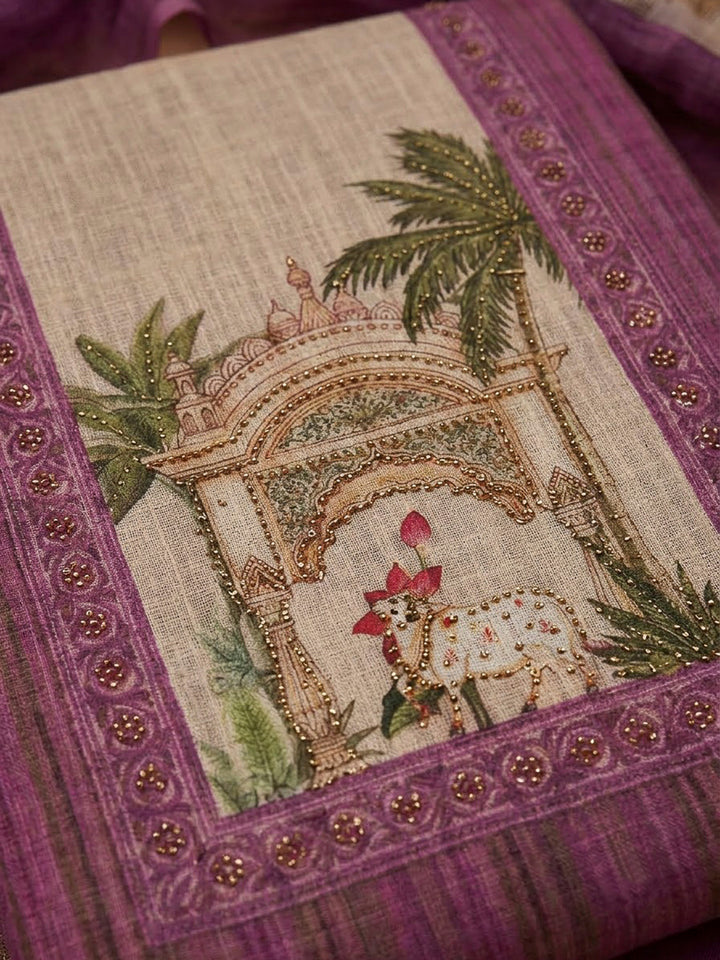 Purple Linen Blend Embroidered Unstitched Dress Material