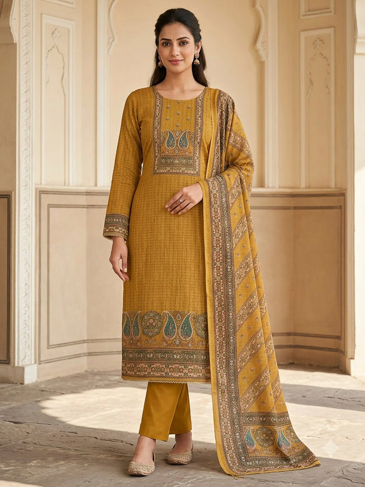 Mustard Chanderi Embroidered Unstitched Dress Material