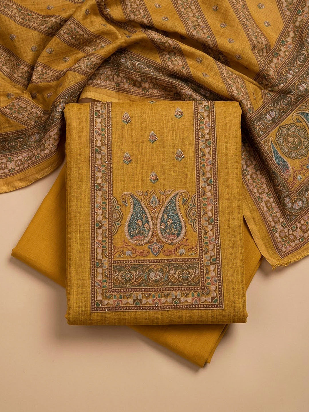 Mustard Chanderi Embroidered Unstitched Dress Material
