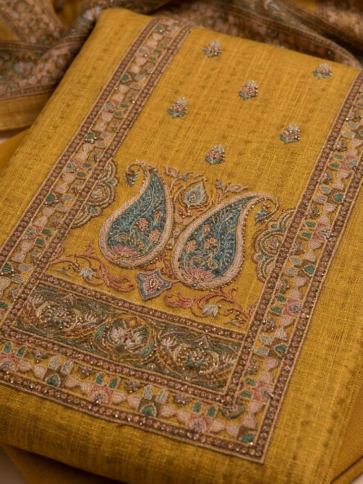 Mustard Chanderi Embroidered Unstitched Dress Material