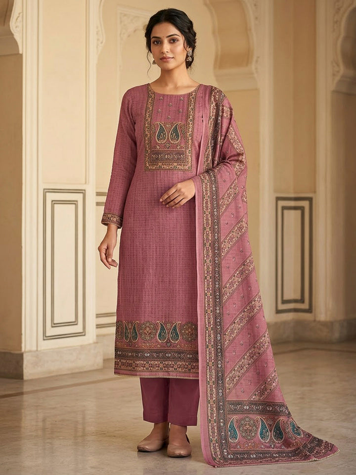Onion Pink Chanderi Embroidered Unstitched Dress Material