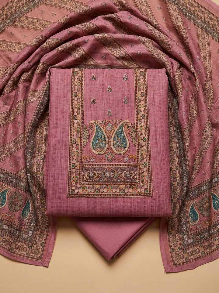 Onion Pink Chanderi Embroidered Unstitched Dress Material
