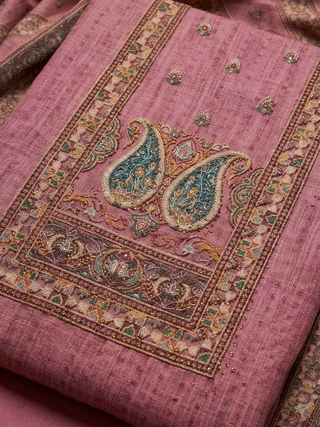 Onion Pink Chanderi Embroidered Unstitched Dress Material