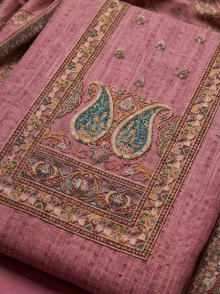 Onion Pink Chanderi Embroidered Unstitched Dress Material
